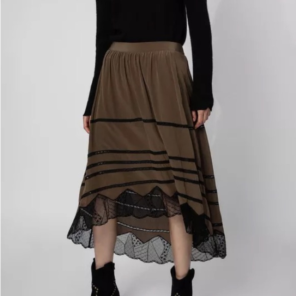 Brown Lace-Trim Midi Skirt